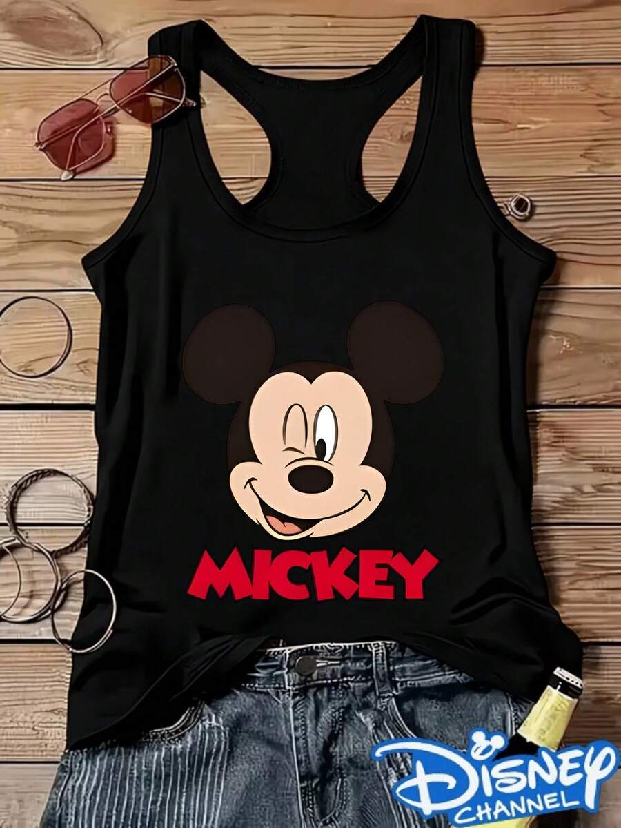 Disney Mickey Cartoon Head Print, Warm Wind Ladies Sleeveless Vest In Summer, Comfortable Round Neck Version, 100% Polyester Fiber, Suitable For Summer Wear. - màu đen - Xem 1