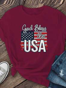 Camiseta de diseño sencillo con estampado de la bandera estadounidense, de manga corta, corte holgado y casual para mujer, casual y elegante, estilosa y práctica para el verano. - Negro - Ver 10