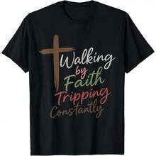 Camiseta Unisex 100% Algodón con Gráficos de Humor Cristiano, Estilo Vintage, con la Frase "Caminando por Fe, Tropezando Constantemente", Camiseta Cristiana Divertida, Casual, con Estampado Gráfico Vintage - LX-Negro - Ver 2