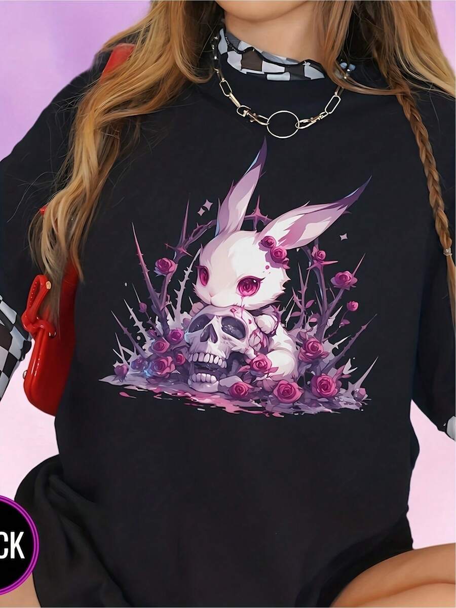 Tamaño grande T-shirt con diseño único con conejo y calavera moderna estampada y colores vibrantes opción de moda cómoda y fresca para jóvenes y adultos color negro categoría ropa - Negro - Ver 1