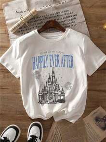 1 Piece Of Women's Casual Crew Neck T-Shirt With "Happily Ever After" Graphic Print, 95% Polyester 5% Spandex, Short Sleeve, All Seasons, 180 G/M² Knit Fabric, Regular Length, Soft. - 白色 - 查看 7