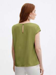 Blusa nueva de primavera/verano con diseño de hombros plisados de cuello redondo en azul, camisa elegante y única para salidas, oficina, ocasiones formales, moda básica profesional casual de alta gama, invitada de boda, fiesta, estilo del milenio, - Verde - Ver 3