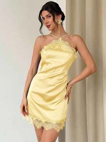 Vestido mini ajustado de satén negro con adorno de encaje, elegante y romántico para citas, festivales de música, fiestas, graduaciones, vacaciones, invitada de boda, vestido de cumpleaños - Amarillo - Ver 5