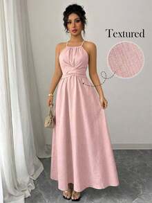 Vestido elegante de mujer con cuello halter, corte en la cintura, twist y bloque de color asimétrico, para primavera/verano - Rosa Pálido - Ver 5
