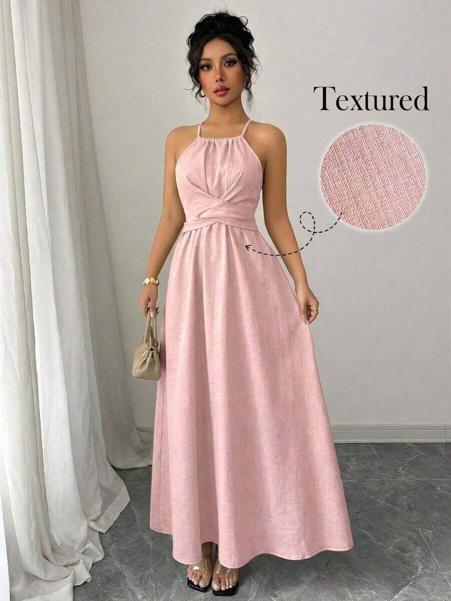 Vestido sin mangas de mujer con cintura ceñida y falda acampanada a rayas azules y blancas, estilo minimalista adecuado para viajes, primavera/verano - Rosa Pálido - Ver 1