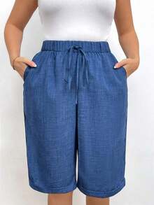 Pantalones cortos holgados de lino de talla grande para mujer, de unicolor, con bolsillo y lazo en la cintura, pantalones cortos anchos y de pierna ancha, pantalones cortos modestos para vacaciones y verano, color negro - Azul 3 - Ver 6