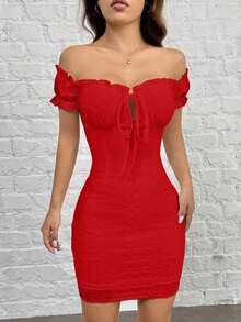 Vestido ajustado tejido en verde-gris con hombros descubiertos plisados - Rojo - Ver 3