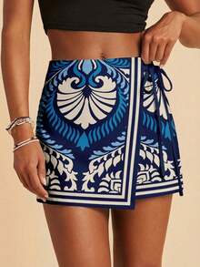 Pantalones Cortos de Playa Estilo Bohemio Casual para Vacaciones con Cintura de Lazo y Volantes para Mujer, Ropa de Otoño para Mujer, Ropa Tropical para Vacaciones, Conjuntos Bohemios, Conjuntos Estilo Ibiza, Estilo Occidental - Multicolor 2 - Ver 1