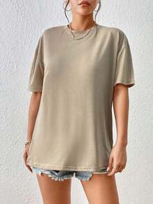 Camiseta de hombros caídos unicolor - Caqui - Ver 5
