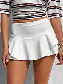 Culotte de mujer de cintura elástica y bajo con volantes de unicolor - Blanco 3 - Ver 3