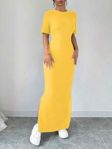 Vestido largo de mujer de manga corta con cuello en V y bajo dividido, de unicolor, vestido maxi elegante de color burdeos, vestido largo ajustado, vestido largo rojo, vestido maxi de manga corta para mujer, vestidos de mujer, vestido largo ajust - Naranja - Ver 4