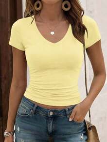 Camiseta ajustada de manga corta con cuello en V de unicolor para mujer, estilo Y2K sexy, adecuada para uso diario casual, blanco verano - Amarillo - Ver 6