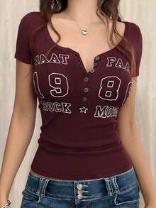 Camiseta de manga corta ajustada con estampado de letras estilo Y2K para mujer, casual para primavera/verano - Rojo - Ver 1