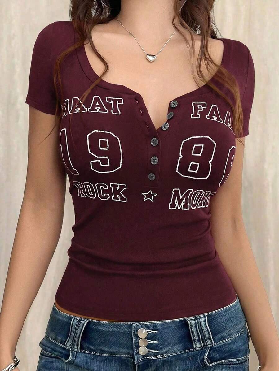 Camiseta de manga corta ajustada con estampado de letras estilo Y2K para mujer, casual para primavera/verano - Rojo - Ver 1