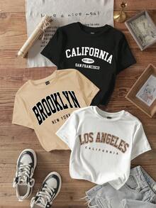 Set de 3 camisetas de manga corta ajustadas y acortadas con gráfico vintage de nombre de ciudad de estilo minimalista casual, adecuadas para el verano - Multicolor 5 - Ver 8