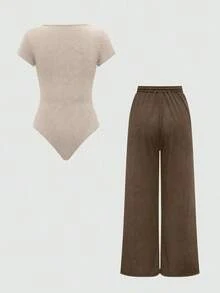 Conjunto de 2 piezas de bodys de manga corta de unicolor y pantalón de pierna ancha para primavera/verano - Albaricoque - Ver 2