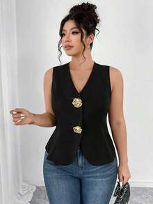 Blusa sin mangas con cuello en V y textura de lino sintético, con botones decorativos en color dorado y rosa, cintura ajustada, elegante para ir a trabajar, salir, fiestas y citas, talla grande - Negro - Ver 4