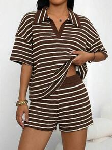 Conjunto de 2 piezas para mujer con camiseta de manga larga de hombros caídos y cuello en V holgada a rayas y pantalones elásticos a la cintura a rayas, conjunto de suéter de invierno, conjunto de salón a rayas de otoño/invierno de 2 piezas para mujer, conjunto casual de 2 piezas a rayas, conjunto cómodo de 2 piezas - Marrón - Ver 6