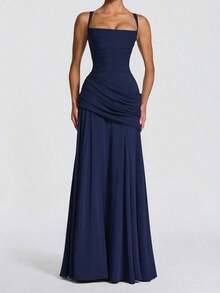 Vestido de verano elegante sin tirantes y ajustado de color amarillo, vestido casual sin espalda y sin mangas con pliegues para fiesta y club, para mujeres en bodas y primavera - Azul marino - Ver 6