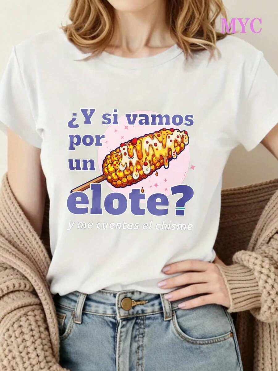 Camiseta de mujer con camiseta de manga corta de maíz asado mexicano estampado patrón de camiseta de edición regular camiseta pro piel transpirable, suave y cómoda tela cómoda para todas las estaciones con blusa casual de cuello redondo para el uso diario - Blanco - Ver 1
