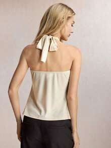 Top con cuello de halter, diseño de botón de metal verde, abertura lateral, elegante y chic para uso urbano y diario, estilo romántico retro de los 90.Adecuado para Navidad, Año Nuevo, San Valentín, fiestas, playa, graduación, moda, carnaval, bod - Albaricoque 2 - Ver 6
