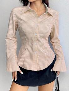 Camisa de manga larga casual a rayas que ciñe la cintura, apta para primavera/verano/otoño, tops de manga larga - Naranja - Ver 7