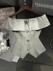 Blusa roja de mujer con hombros descubiertos y cuello, con botones dorados con rosas, ajustada y sexy, perfecta para el Día de San Valentín, elegante para fiestas/cumpleaños, Día de San Valentín, fiestas casuales y atuendo de viaje - Gris Claro - Ver 4