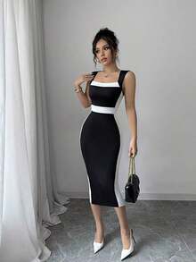 Petite Vestido ajustado de tubo elegante de contraste de color para el trayecto al trabajo de las mujeres - Negro - Ver 6