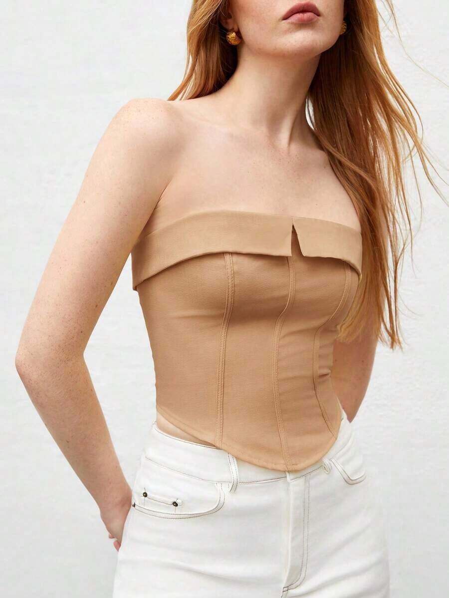 Camiseta de tirantes con detalle de pliegue para mujer, apta para uso urbano y casual de negocios, top básico adecuado para Navidad, Halloween, fiestas y atuendo de invitada a bodas - Caqui - Ver 1