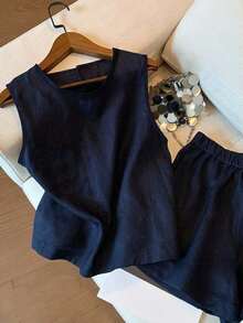Conjunto de top de tirantes y shorts con bordado floral diminuto - azul real 2 - Ver 3