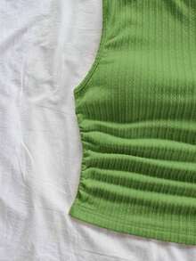 Blusa ajustada de cuello asimétrico con volantes y lazada, en color amarillo pálido, apta para fiesta, vacaciones, festival de música, estilo bohemio, citas y té de la tarde - Verde 2 - Ver 7