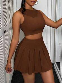 2 piezas Conjunto para mujer con top de tirantes con corazón calado y falda plisada - Marrón - Ver 5
