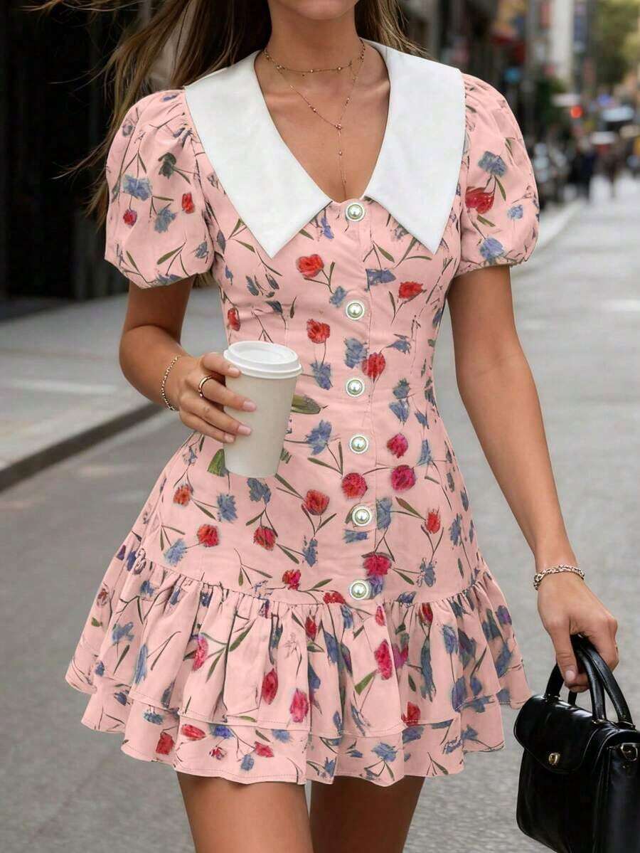 Vestido mini elegante de mujer con estilo bohemio, de manga abullonada, cuello de empalme, estampado, abotonadura sencilla, plisado y ajustado, ideal para primavera/verano, Año Nuevo, San Valentín y ocasiones elegantes - Rosa - Ver 1