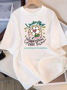 Women's Short Sleeve T-Shirt With Floral And Cartoon Print - Loose Fit, 100% Cotton, White With "Everything Can Be Something" Design, Casual Summer T-Shirt For Casual Outfits, Relaxed Fit Top. | Cute Design T-Shirt | Machine Washable - 白色 - 查看 5