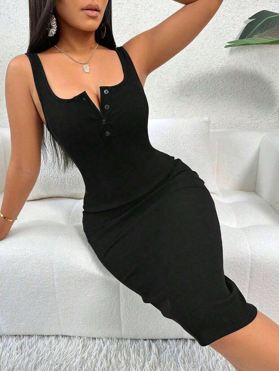 Vestido largo de punto ajustado con medio botón y acanalado, color burdeos, atuendo de mujer - Negro - Ver 1