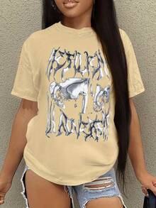 Round Neck T-Shirt With Letter Print, Casual Short Sleeve T-Shirt For Spring And Summer, Women's T-Shirt. - Hitam - View 6