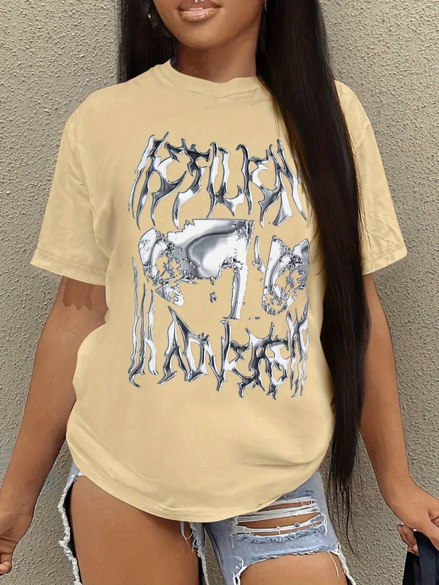 Round Neck T-Shirt With Letter Print, Casual Short Sleeve T-Shirt For Spring And Summer, Women's T-Shirt. - Khaki - View 1