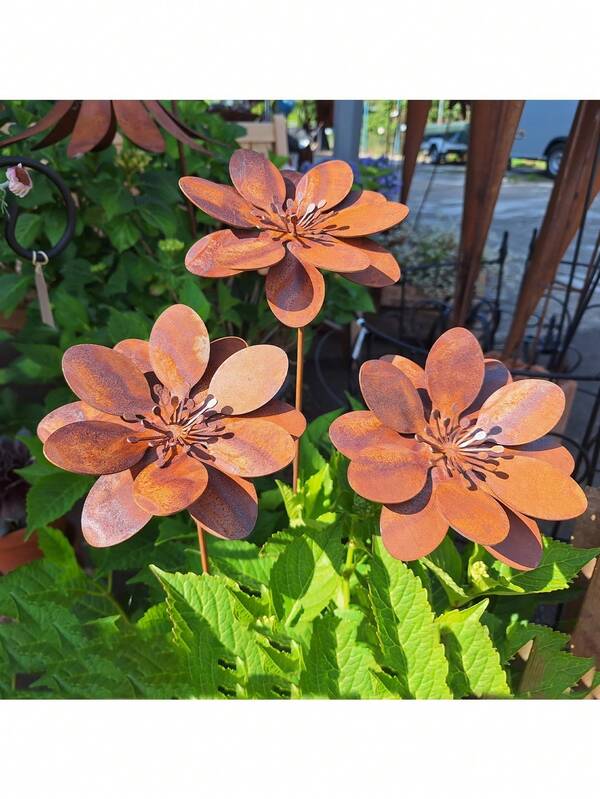 Metal 3D Floral Decor, Rusty Garden Ornament, Garden Stake, Suitable For Garden, Weather-Resistant Steel Garden Support, Metal Flower Garden Decor, Rusty Flower Stand Support, Flower Bed Support, Flower Pot Support