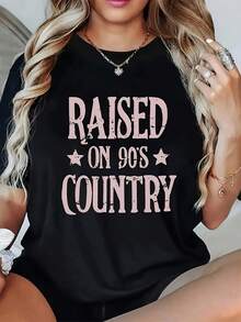 T-Shirt With "RAISED ON 90'S COUNTRY" Letter Print, Short Sleeves And Round Neck, Casual Top For Summer And Spring, Women's Clothing - 黑色 - 查看 1