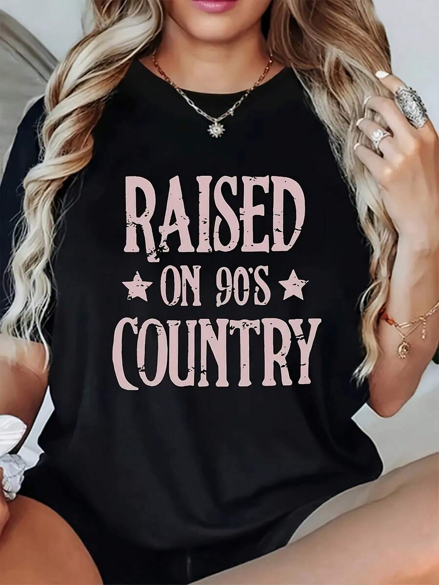 T-Shirt With "RAISED ON 90'S COUNTRY" Letter Print, Short Sleeves And Round Neck, Casual Top For Summer And Spring, Women's Clothing - 黑色 - 查看 1