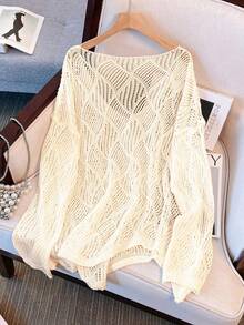 Women's V-Neck Hollow Rhombus Design Loose Knit Cover Up, Airy And Breathable For Beach/Resort Wear, Spring/Summer Vacation - Màu be - Xem 2