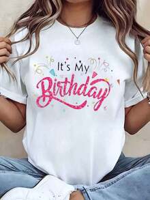 Designed For Modern, Stylish, And Comfortable Women. Women's Glitter Print "It's My Birthday" T-Shirt With A Round Neck, A Casual Top Perfect For Parties And Celebrations, And Makes A Great Gift. 220g. Made With Premium Soft And Breathable Fabric, Designed For All-Day Comfort And Versatile Everyday Wear, Perfect For Casual Outings. - 白色 - 查看 1
