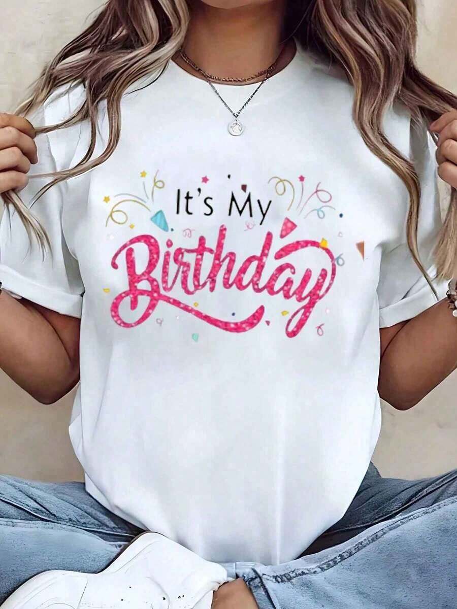 Designed For Modern, Stylish, And Comfortable Women. Women's Glitter Print "It's My Birthday" T-Shirt With A Round Neck, A Casual Top Perfect For Parties And Celebrations, And Makes A Great Gift. 220g. Made With Premium Soft And Breathable Fabric, Designed For All-Day Comfort And Versatile Everyday Wear, Perfect For Casual Outings. - 白色 - 查看 1