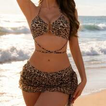Two-Piece Bikini Swimsuit With Leopard Print And Crisscross Straps. - 花色 - 查看 6