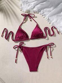 Traje de baño bikini para mujer con cuentas metálicas, de alta calidad, traje de baño de dos piezas en color sólido. - Burdeos - Ver 10