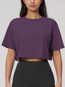 NcmRyu 1 buah Atasan Olahraga Wanita Lengan Pendek Longgar Warna Polos - Purple - View 5