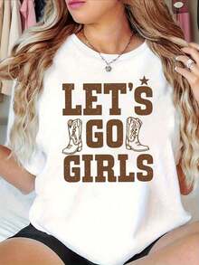 1 Piece Women's T-Shirt With "Power Western" Text, Casual Round Neck For Women, Ideal For Sister Gatherings, Everyday Wear, 180g 100% Cotton - 白色 - 查看 1