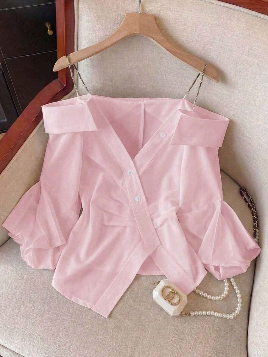 Blusa casual, de oficina y para ir al trabajo, de unicolor con cadena, hombros descubiertos, cintura plisada y bajo asimétrico, adecuada para primavera, verano y otoño - Rosa - Ver 1