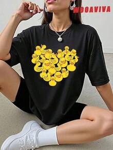 2026 WOOAVIVA Women's 100% Soft Cotton Loose Crewneck T-Shirt With Adorable Duck Print, Stylish Summer Style, Short Sleeve Crew Neck T-Shirt, Machine Washable, Perfect For All Seasons, Blouses For Women, 1pc 180g Unisex Loose Crewneck T-Shirt - 黑色 - 查看 1