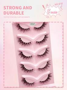 ENCHUW 5 paires de faux cils naturels effet œil de chat désordonnés, bande transparente, look œil de chat, cils vaporeux, extrémités allongées, bande complète, doux, naturel et réaliste - Noir - Voir 5
